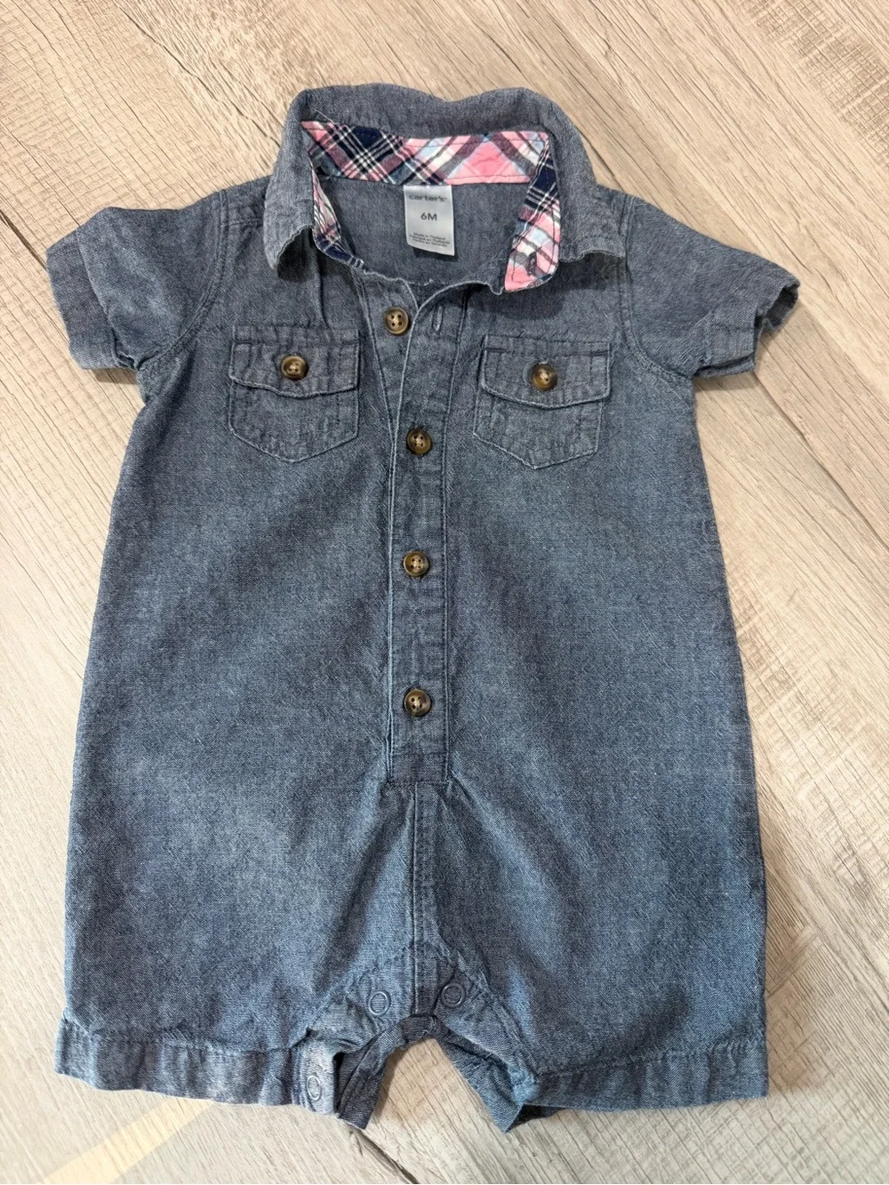 Carter's Denim-Look Short Sleeve Romper with Pink Plaid Trim
